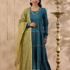 Shuddhi Teal Green tier kurta with chuddidar and duppatta