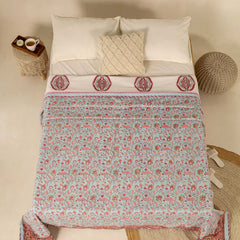 Light Blue and Maroon Dohar Reversible Bed Spreader