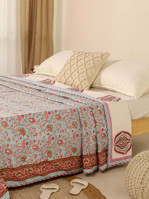 Light Blue and Maroon Dohar Reversible Bed Spreader