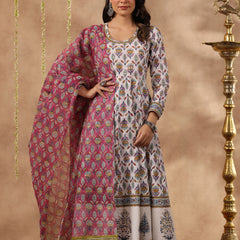 Shuddhi White and Teal aNarkali Kurta with Chanderi Duppata