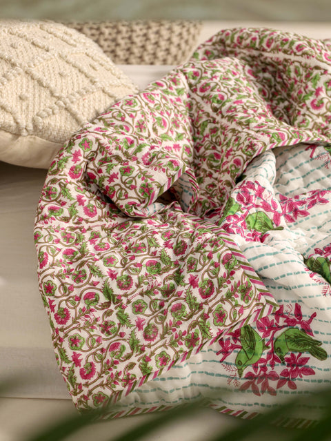 Green and Pink Single Bed Reversible Quilted Razai