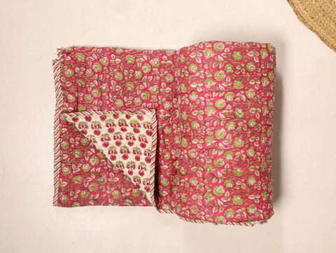 Green and Hot Pink Single Bed Reversible Quilted Razai