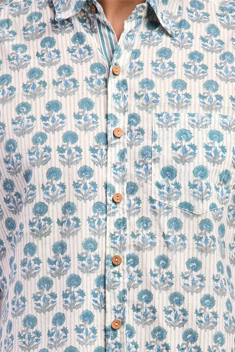 Blue & Gray Floral Printed Men's Shirt