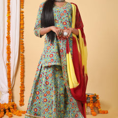 Sea Green and red handblock printed skirt, kurta and Duppatta set