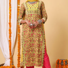 Mustard and Yellow Handblock Printed kurta With Bhandej Duppatta