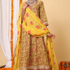 Mustard and Yellow Handblock Printed Anarkali With Bhandej Duppatta