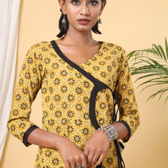 Mustard Ajarakh Handblock Print With Floral Jaal Short Top