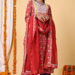 Red and Yellow Handblock Printed kurta with Kota Duppatta