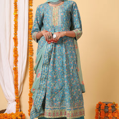 Teal Green and peach handblock printed anarkali with Chiffon Duppatta