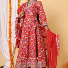 Red and Yellow Handblock Printed Anarkali with Kota Duppatta
