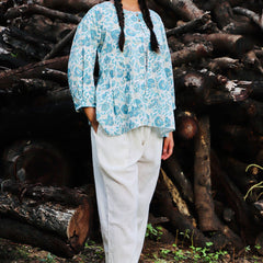 Off white and sea green handblock printed double top.