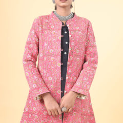 Punch Pink With Grass Green Cotton Quilted Jacket