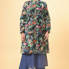 Jet Black Long Velvet Floral Forest Printed Velvet Coat