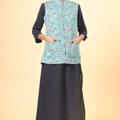 Teal Green With Rouge Pink Cotton Quilted Nehru Jacket