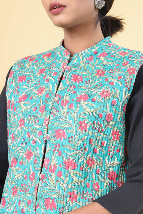 Teal Green With Rouge Pink Cotton Quilted Nehru Jacket