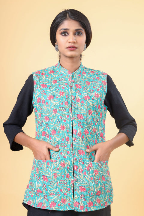 Teal Green With Rouge Pink Cotton Quilted Nehru Jacket