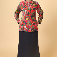 Candy Red Short Velvet Floral Forest Printed Jacket