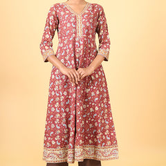 Shuddhi Amber Red with Ice Blue Handblock Printed Anarkali