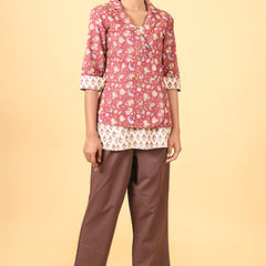 Shuddhi Amber Red with Ice Blue Handblock Printed Double Top