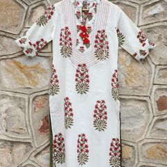White With Crimson Red Straight Kurta