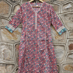 Flamingo Pink With Turquoise Green A-Line Kurta