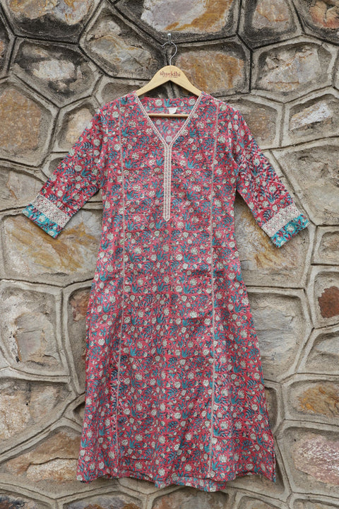 Flamingo Pink With Turquoise Green A-Line Kurta