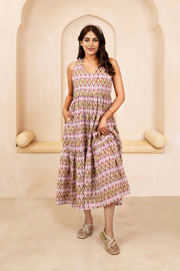 Maroon and Olive Halter Neck Dress