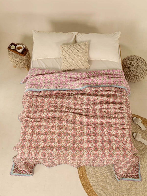 Peach, Pink and BlueReversible Quilted Bed Razai