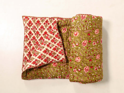 Olive Green and Red Single Bed Reversible Quilted Razai