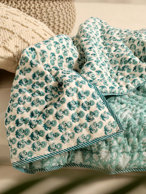 Teal and Light Blue Single Bed Reversible Quilted Razai