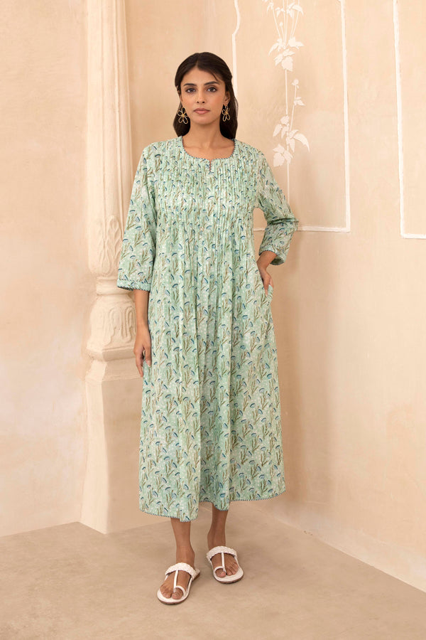 Mint Green Handblock Pleated Dress