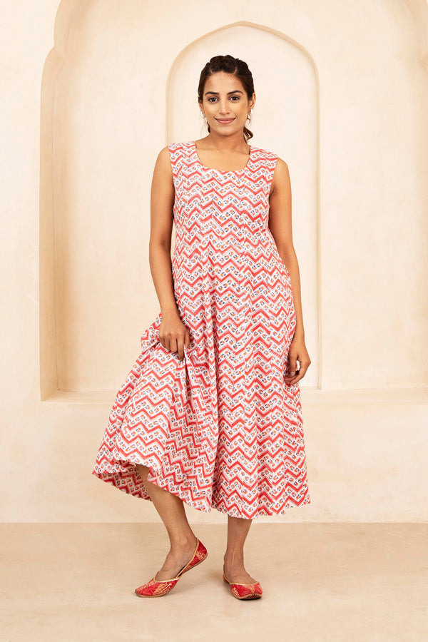 Zigzag Bloom Handblock A-Line Dress