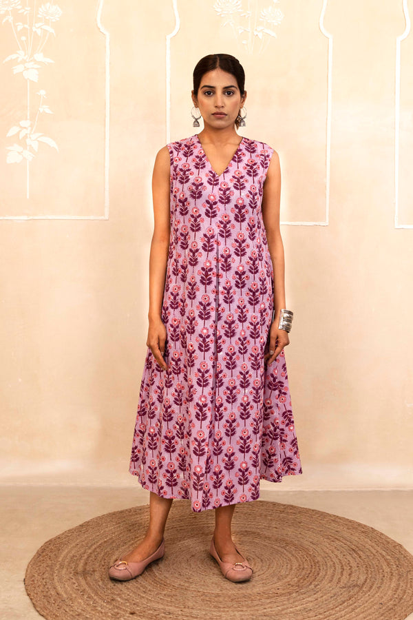 Lilac Bloom Handblock A-Line Dress