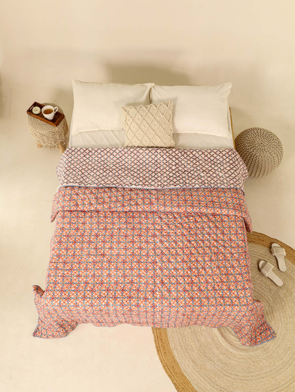 Peach and Blue Reversible Quilted Bed Razai