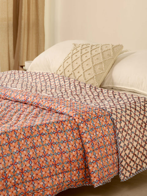 Peach and Blue Reversible Quilted Bed Razai