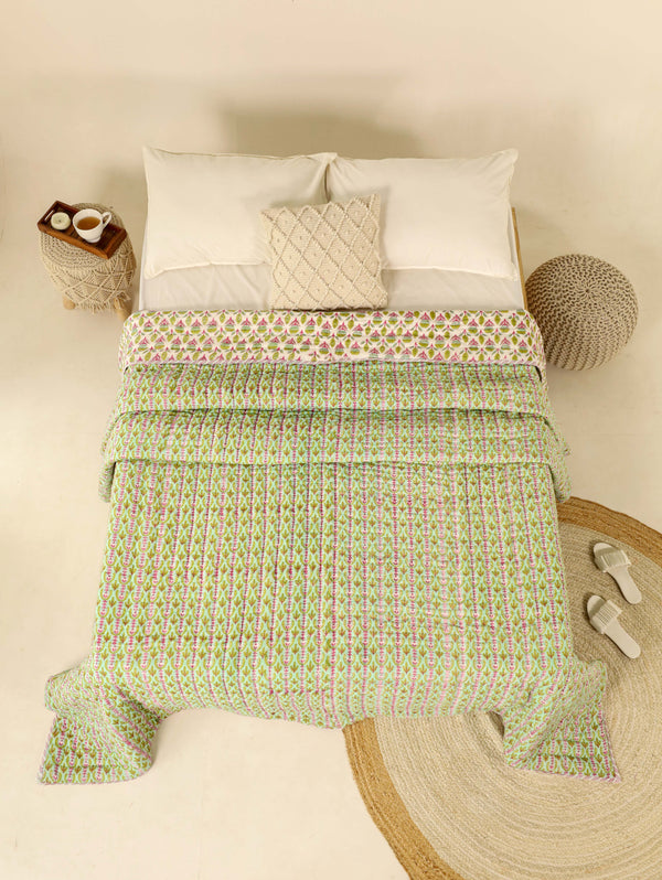 Light Green Reversible Quilted Bed Razai