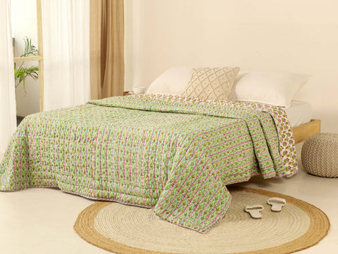 Light Green Reversible Quilted Bed Razai