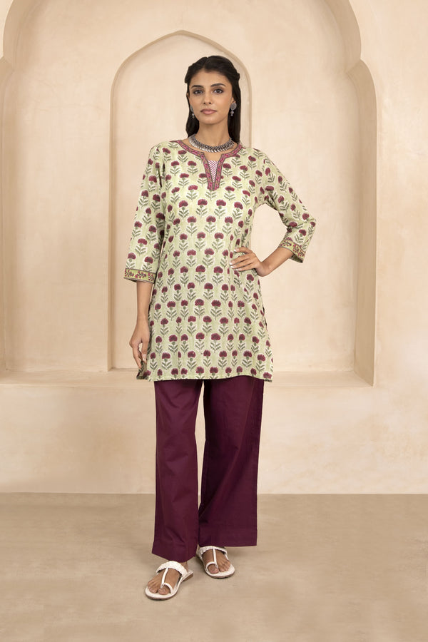 Sage Green Handblock Printed Short Kurti