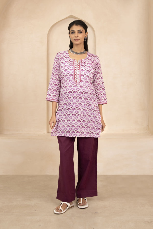 White and Purple Handblock Printed Short Kurti