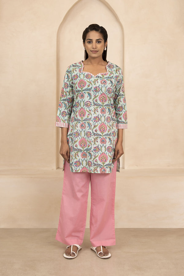 Mint Green Handblock Printed Short Kurti