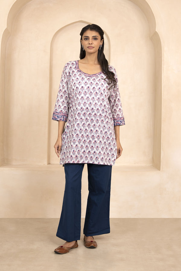 Indigo and Pink Handblock Printed Short Kurti