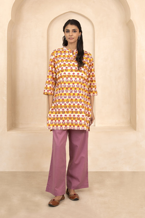 Yellow Handblock Printed Short Kurti