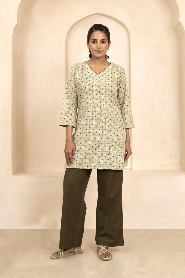 Mint and Beige Handblock Printed Short Kurti