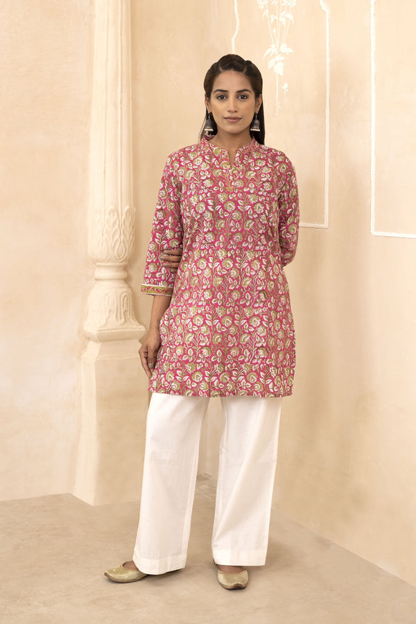 Raspberry Pink Handblock Printed Short Kurti