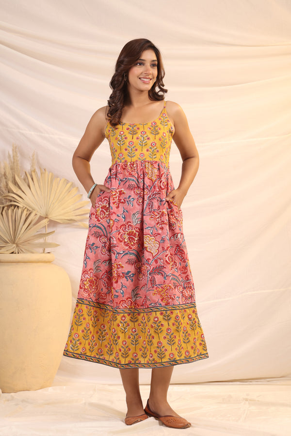 Shuddhi yellow and pink Sphageti dress