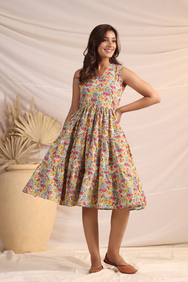 Shuddhi  Green and Pink Tier Dress