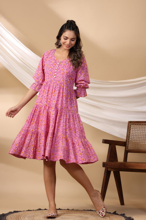 Pink Button Down Tier Dress