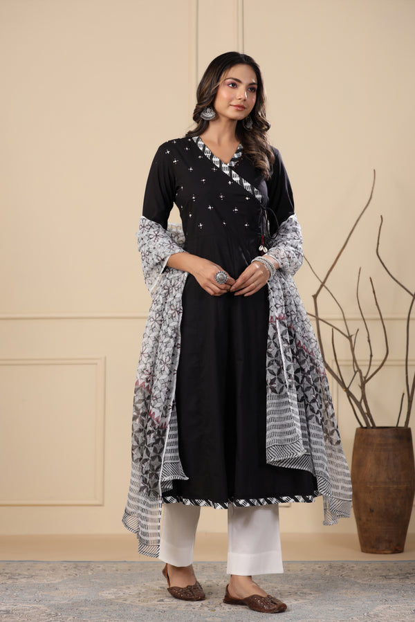 Jade Black Angrakha Kurta Dupatta Set