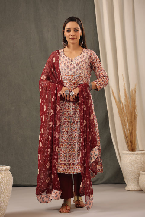 Coral Red Floral Cotton Kurta and Dupatta