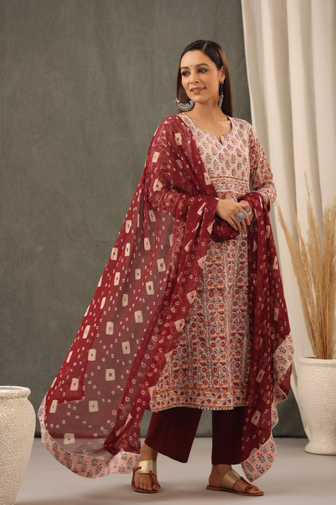 Coral Red Floral Cotton Kurta and Dupatta